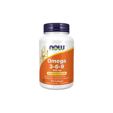 A bottle of Now Foods Omega 3-6-9 100 Softgels provides 1000 mg of essential fatty acids per serving and is made with cold-pressed vegetable oils.